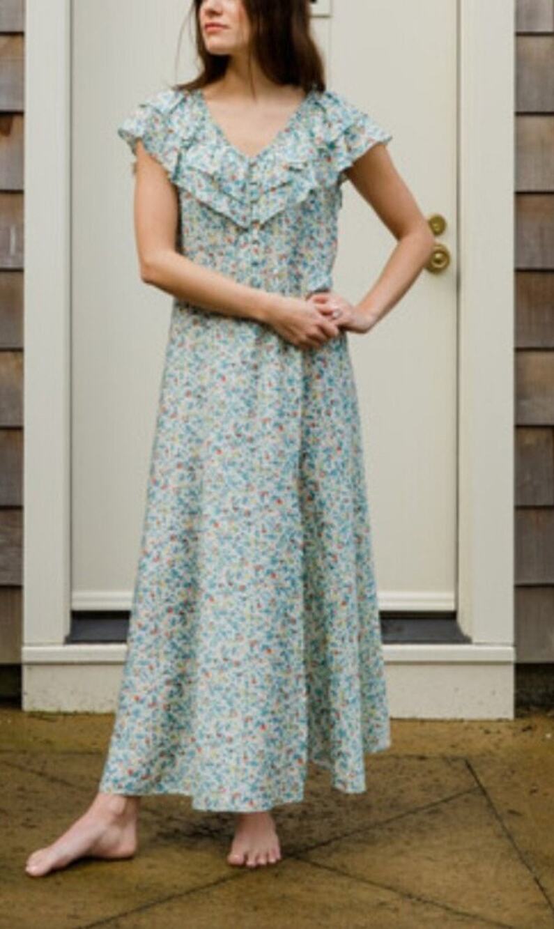 Baybala Maxi Dress Blue Floral Eloise Ruffle Neckline Short Sleeve